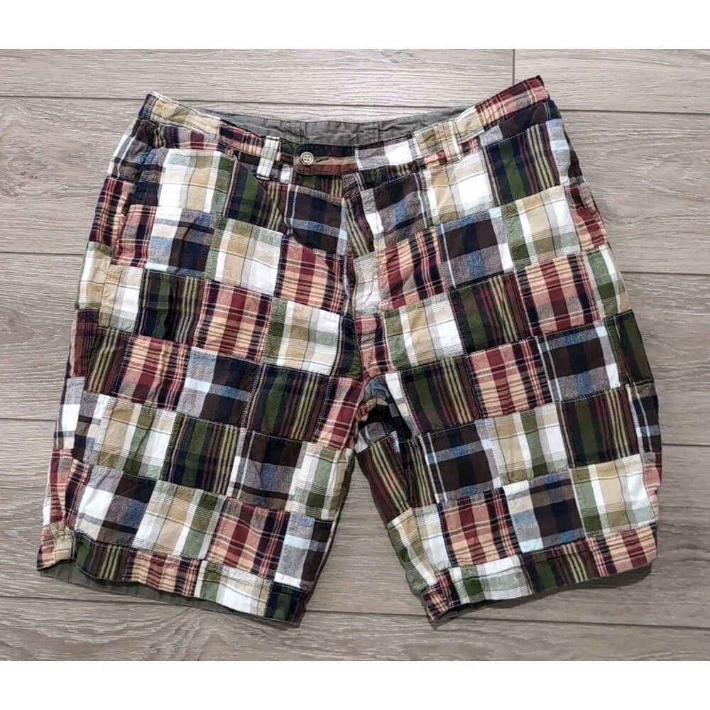 GEOFFREY BEENE REVERSIBLE SHORTS  PATCHWORK MADRAS PLAID/GRAY CHINO MEN'S SZ 38